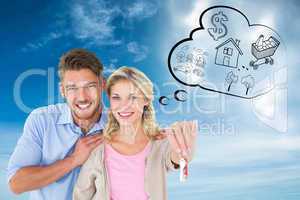 Composite image of attractive young couple showing new house key