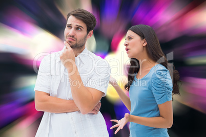 Composite image of angry brunette shouting at boyfriend