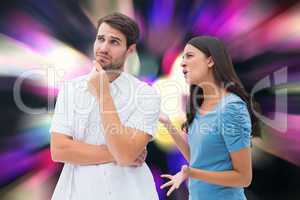 Composite image of angry brunette shouting at boyfriend