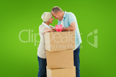 Composite image of older couple smiling at each other with movin