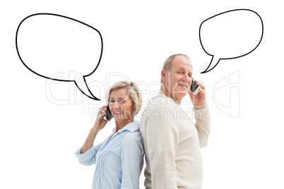 Composite image of happy mature couple talking on their phones