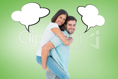 Composite image of happy casual man giving pretty girlfriend pig