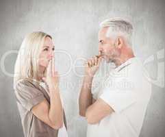 Composite image of couple staying silent with fingers on lips