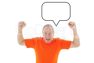 Composite image of mature man in orange tshirt cheering