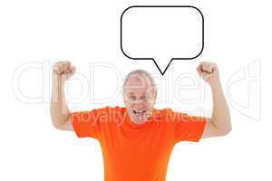 Composite image of mature man in orange tshirt cheering