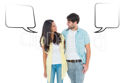 Composite image of happy casual couple smiling at each other