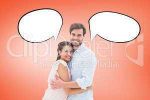 Composite image of attractive young couple hugging and smiling a