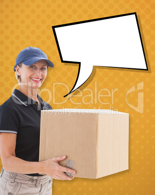 Composite image of happy delivery woman holding cardboard box