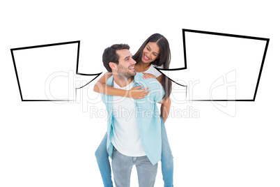 Composite image of happy casual man giving pretty girlfriend pig