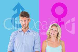 Composite image of young couple making silly faces