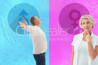 Composite image of mature woman thinking with hand on chin