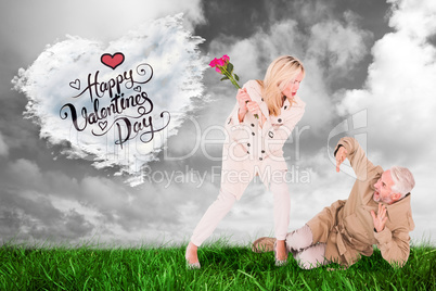 Composite image of angry woman attacking partner with rose bouqu