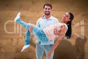 Composite image of attractive young couple having fun