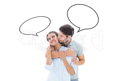 Composite image of cute couple hugging and smiling