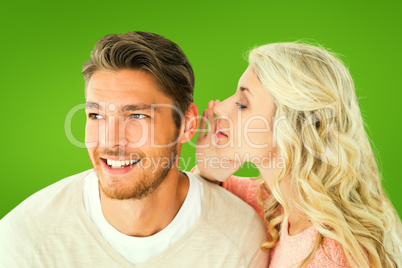 Composite image of attractive blonde whispering secret to boyfri