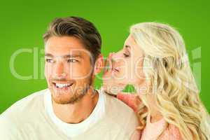 Composite image of attractive blonde whispering secret to boyfri