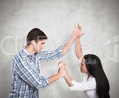 Composite image of aggressive man overpowering his girlfriend