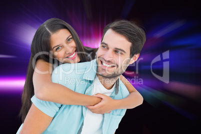 Composite image of happy casual man giving pretty girlfriend pig