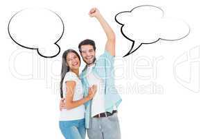 Composite image of happy casual couple cheering at camera