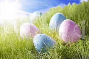 Five Colorful Easter Eggs On Sunny Grass