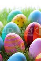 Green Grass With Many Colorful Easter Eggs