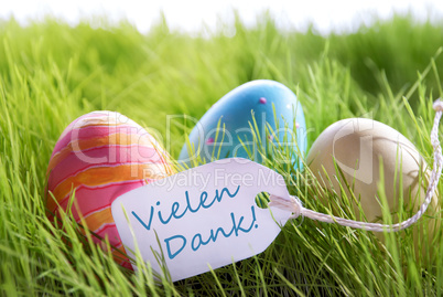 Happy Easter Background With Colorful Eggs And Label With German Text Vilene Dank