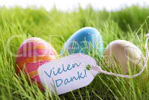 Happy Easter Background With Colorful Eggs And Label With German Text Vilene Dank