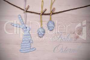 Blue Easter Bunny And Easter Eggs Hanging On Line With German Happy Easter