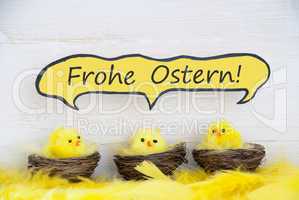 Chicks And Feathers With Comic Speech Balloon German Frohe Ostern Means Happy Easter