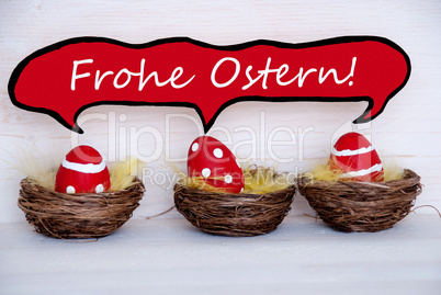 Three Red Easter Eggs With Comic Speech Balloon Frohe Ostern Means Happy Easter
