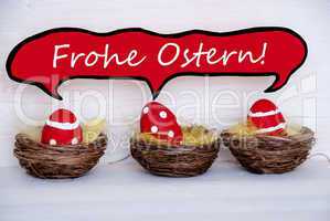 Three Red Easter Eggs With Comic Speech Balloon Frohe Ostern Means Happy Easter