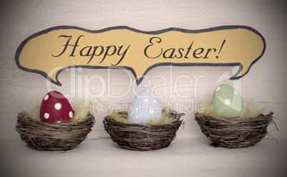 Spotlight To Three Colorful Easter Eggs With Comic Speech Balloon Happy Easter