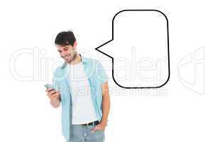 Composite image of happy casual man sending a text message