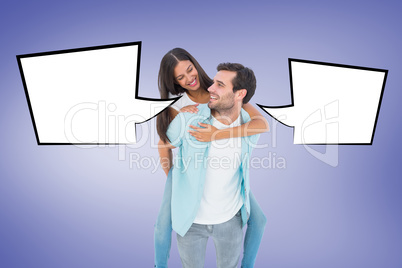 Composite image of happy casual man giving pretty girlfriend pig