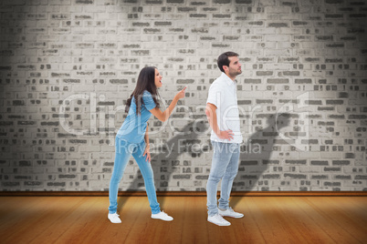 Composite image of angry brunette shouting at boyfriend