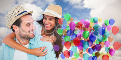 Composite image of happy casual man giving pretty girlfriend pig