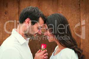 Composite image of handsome man offering his girlfriend a rose