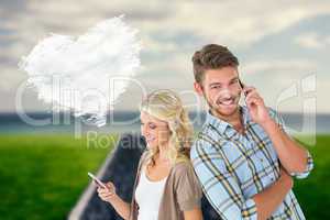 Composite image of attractive couple using their smartphones