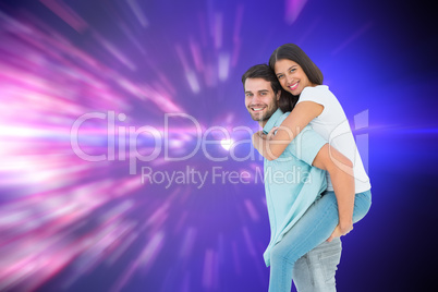 Composite image of happy casual man giving pretty girlfriend pig