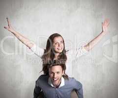 Composite image of smiling young man carrying woman