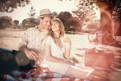 Cute couple drinking white wine on a picnic smiling at each othe