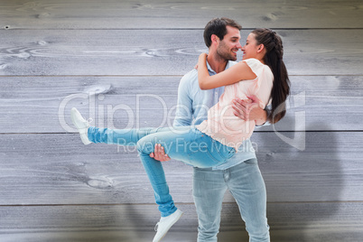 Composite image of attractive young couple having fun