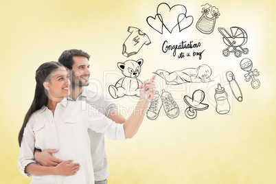 Composite image of cute couple embracing and pointing