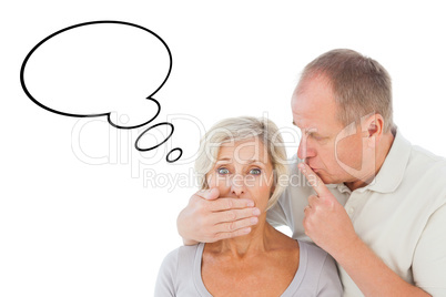 Composite image of man silencing his fearful partner