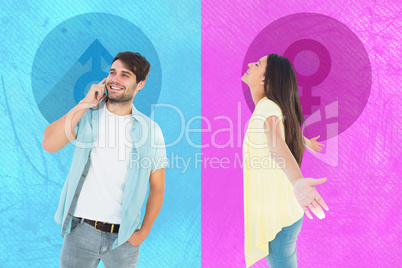 Composite image of happy casual woman spreading her arms