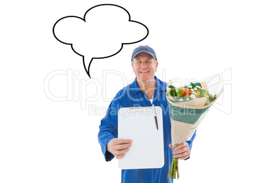 Composite image of happy flower delivery man showing clipboard