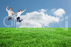 Composite image of couple jumping and holding hands