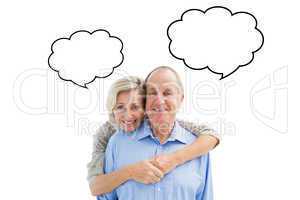 Composite image of happy mature couple embracing smiling at came