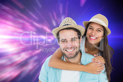 Composite image of happy casual man giving pretty girlfriend pig