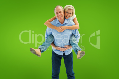 Composite image of mature man carrying his partner on his back